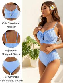 High Waisted Bikini Sets For Women Textured Tummy Control Swimsuits Two Piece Cutout Beach Swim Bathing Suits - Sky Blue - View 4