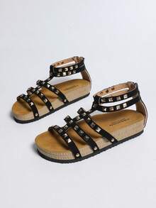Men's Gold Studded Roman Sandals, Thick Sole Open Toe Summer Casual Shoes - Black - View 8