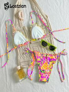 2026款性感优雅比基尼泳衣，涤纶材质，彩色豹纹印花，荷叶边系带露背设计，吊坠装饰，可爱海滩度假/泳池派对/情人节/狂欢节性感优雅装扮，关注店铺 - 多色-B - 查看 2