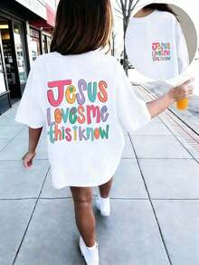 Tween Girl "Jesus Loves Me" Slogan Print Round Neck T-Shirt, Summer Top - White - View 4