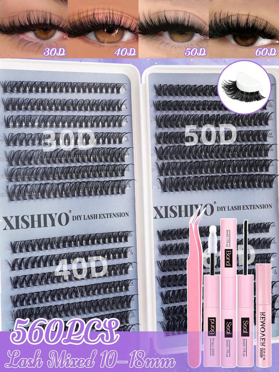 560pcs DIY Eyelash Extension Kit, Includes Adhesive, Sealant, Eyelash Glue Remover, Tweezers, Eyebrow Brush, 30D+40D+50D+60D/50D+60D+80D+100D Thick Single Cluster False Eyelashes, Long Soft Faux Mink Lashes, Suitable For Cat Eye Makeup, Beauty Parties And Travel - Multicolor - View 1