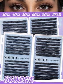 560pcs DIY Eyelash Extension Kit, Includes Adhesive, Sealant, Eyelash Glue Remover, Tweezers, Eyebrow Brush, 30D+40D+50D+60D/50D+60D+80D+100D Thick Single Cluster False Eyelashes, Long Soft Faux Mink Lashes, Suitable For Cat Eye Makeup, Beauty Parties And Travel - Multicolor - View 2