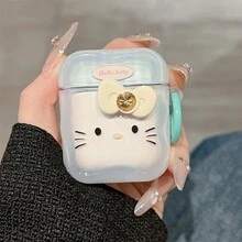 1pc Sanrio Cartoon Cute KT Kitty Diamond Butterfly Plush Pendant Protective Case, Compatible With Apple 1/2/3/4/Pro/Pro(2nd)/Pro(3rd), Anti-Fall Anti-Scratch Bluetooth Earphone Cover - Mint Green [cat + Button] - View 2