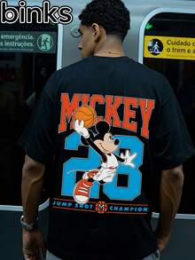 Disney Binks (Double-Sided Printing): Mickey Mouse, Basketball Size 28 Cartoon Printed Short Sleeved T-Shirt, A Fashionable And Loose Short Sleeved Street T-Shirt. Spring And Summer Fashionable Versatile Tops, Holiday Gifts, Vintage Prints. - màu đen - Xem 1