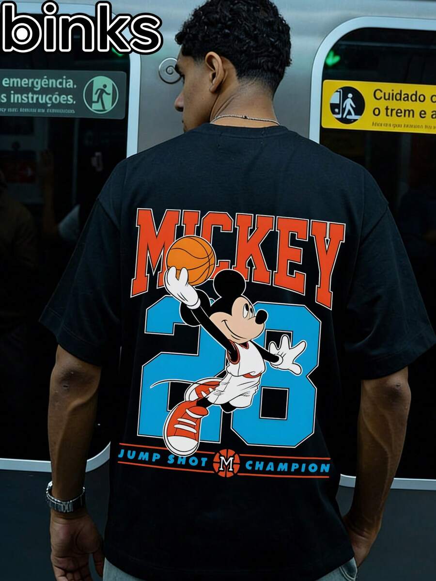 Disney Binks (Double-Sided Printing): Mickey Mouse, Basketball Size 28 Cartoon Printed Short Sleeved T-Shirt, A Fashionable And Loose Short Sleeved Street T-Shirt. Spring And Summer Fashionable Versatile Tops, Holiday Gifts, Vintage Prints. - màu đen - Xem 1
