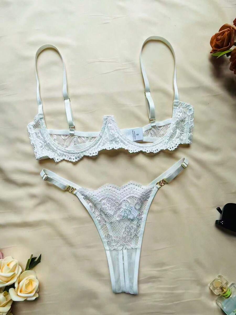 女士性感内衣套装，刺绣网纱文胸，丁字裤，半透明束腰文胸，深V文胸，浪漫女士文胸 - 白色 - 查看 1