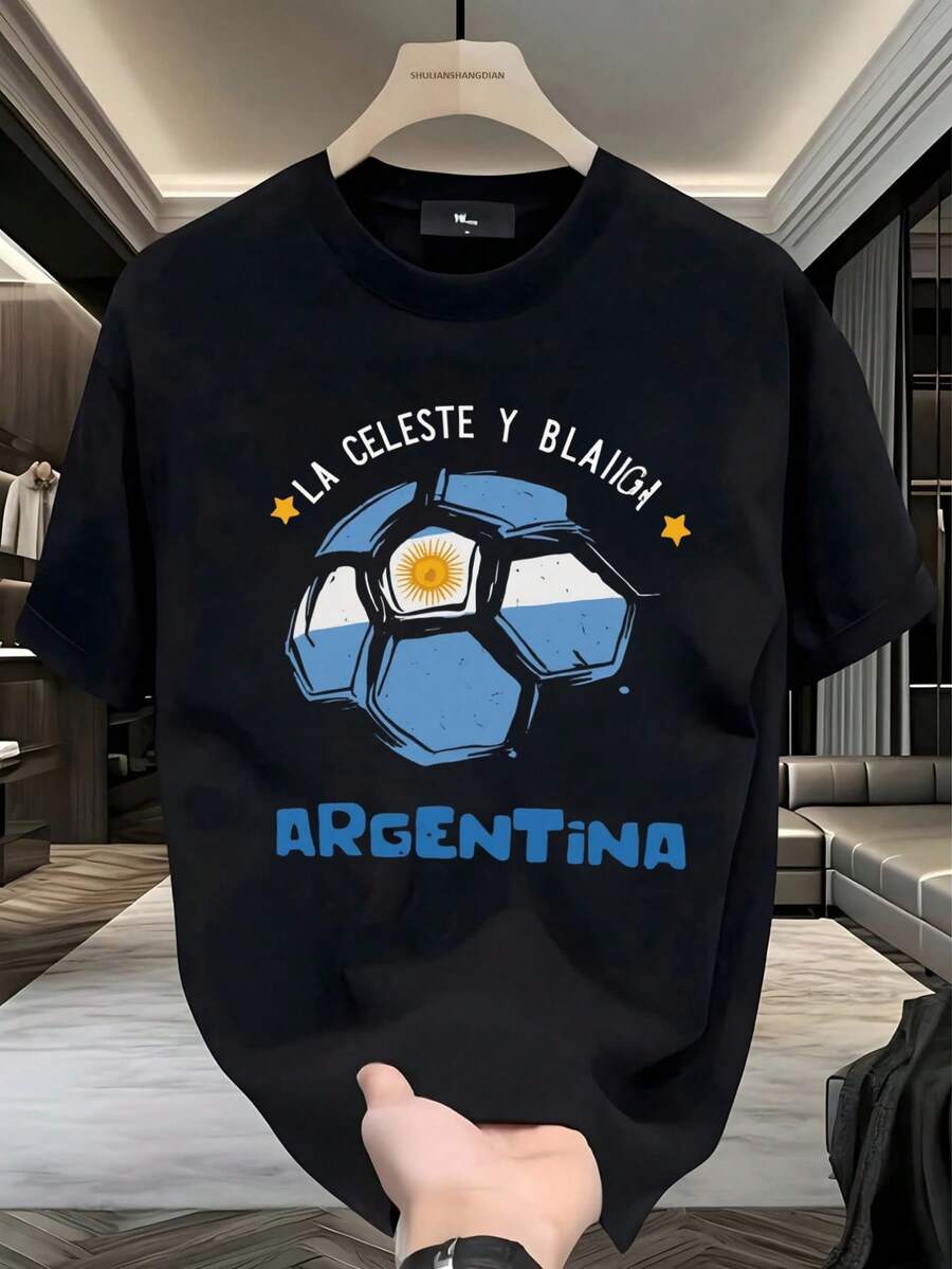 Camiseta Argentina, Bandera Argentina, Estilo Celeste y Blanca, Para Partidos, Hinchas de Argentina, Deporte, Regalo para Hombres, 2026, Casual, Look Hincha, Selección Argentina, Fanáticos,playera de hombre,ropa de hombre,tops,regalos para hombre,nacional envio,oversize hombre. - Negro - Ver 1