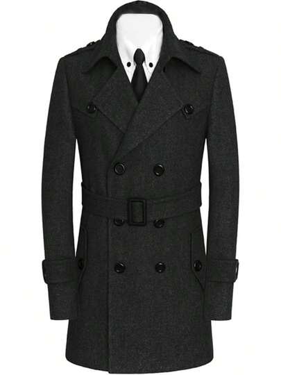 xxxiticat - Gabardina negra de manga larga con solapa de doble botonadura clásica con cinturón de mezcla de lana para hombre