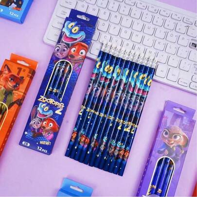 12支装疯狂动物城朱迪和尼克木质2B铅笔，非常适合艺术家和初学者、办公用品、学生文具，是理想的生日/新年礼物。