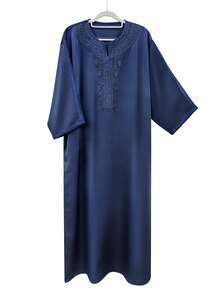 Men's Embroidered Moroccan Robe, High-End Embroidered Ramadan Long Robe With Pockets, Half Sleeve Ramadan Kaftan - Royal Blue - View 2