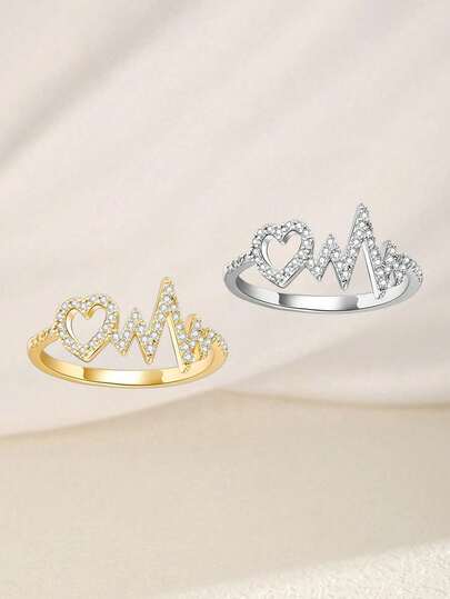 1 chiếc nhẫn trang trí hình trái tim đính đá Zirconia tinh tế, kiểu dáng đơn giản, hình điện tâm đồ, thích hợp cho các bữa tiệc, tiệc tùng, nhẫn đôi, phụ kiện trang sức.