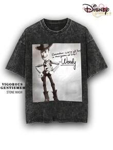 Disney Toy Story Woody "Game Of Life" Vintage Stone Wash T-Shirt, Retro Streetwear Graphic Tee - 黑色 - 查看 1