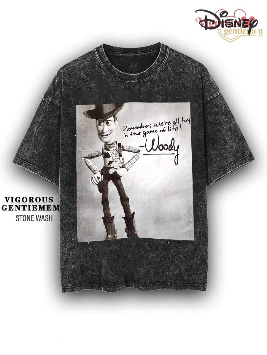 Disney Toy Story Woody "Game Of Life" Vintage Stone Wash T-Shirt, Retro Streetwear Graphic Tee - 黑色 - 查看 1