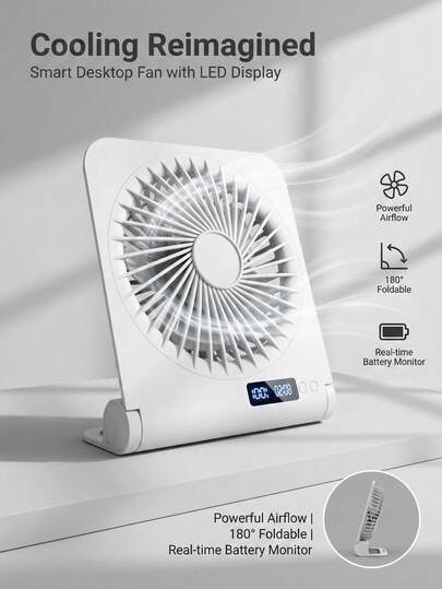 GICOOK Przenośny wentylator biurkowy USB o pojemności 1800 mAh, 3 ustawienia prędkości z wyświetlaczem timera, silnik bezszczotkowy, składany mini wentylator chłodzący zasilany przez USB, cichy, obrotowy wentylator biurkowy do domu, biura, sypialni, akademika, do użytku wewnątrz i na zewnątrz, prezent na lato