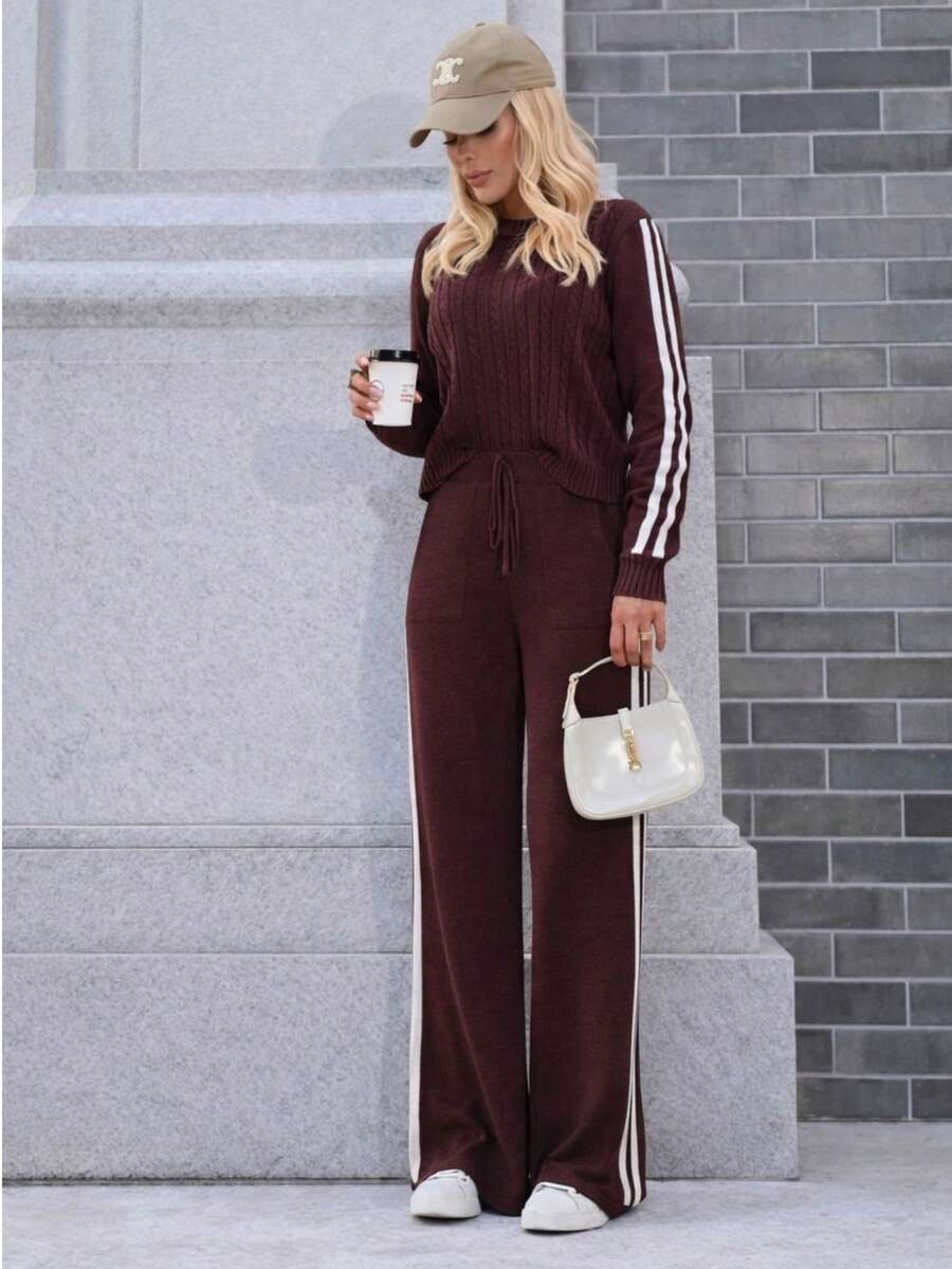 Women's Elegant Knit Set: Lined Wide-Leg Pants, Braided Striped Blouse, Aerolook Fashion Brand, Autumn/Winter, Cold Weather, Comfortable, Sporty, Casual, Knit, Knot, Vacation, Beach, Winter - 紅木色 - 查看 1