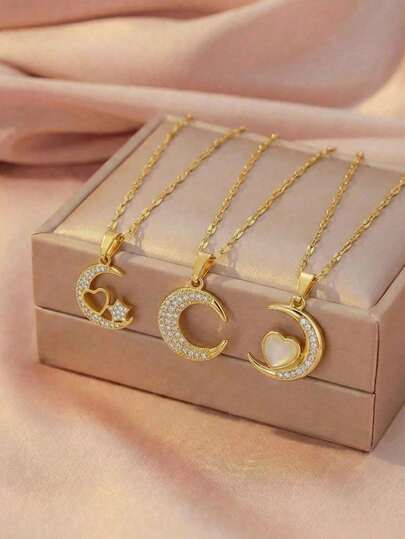 1pc Fashion Cubic Zirconia Heart Moon Pentagram Moon Design Pendant Necklace, Stainless Steel Clavicle Chain, Daily Wear Jewelry Accessory, Birthday Gift For Girl