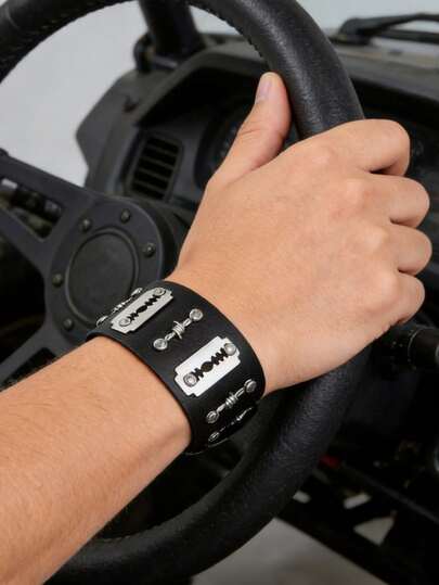 1 pieza Pulsera de cuero de imitación estilo gótico punk biker con tachuelas de bala, pulsera para hombre, brazalete negro ajustable, estilo gótico punk biker para hombres