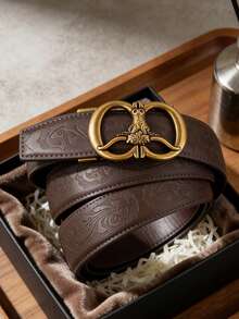 男士时尚重金属合金自动扣皮带，牛头图案皮带扣，高品质PU皮革，压印凤凰尾纹图案，适合日常佩戴，朋克休闲风，理想礼物 - 彩色 - 查看 6