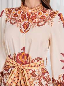 Women's Elegant Retro-Print Long-Sleeve Dress – Fitted Waist A-Line Silhouette, Ideal For Everyday Wear, Festive Parties & New Year's Celebrations - Apricot Orange - View 8