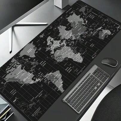 1pc XXL Size World Map Design Mouse Pad And Keyboard Pad Set, With Non-Slip Rubber Base, Dark Blue & Black Color Scheme, White Keycap Labels, Suitable For Computer, Office, Home, Work