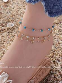 2 piezas Tobillera de estilo bohemio con mariposa de turquesa y diamante de imitación, adecuada para vacaciones en la playa y uso diario casual de mujeres - Dorado - Ver 1