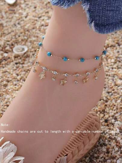 2条波西米亚风绿松石水钻蝴蝶脚链，适合女士海滩度假和日常休闲穿着