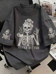 Women's Spring Outfit, Summer Clothing, Women's Vacation Wear, Summer Skull T-Shirt, Fashionable Loose Funny 100% Cotton T-Shirt, Gift For Women - Dark Grey - View 3