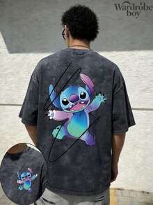 Disney Printed Wash Water T-Shirt,Men's Disney Stitch Short-Sleeve Graphic T-Shirt,Unisex,High-Quality Pure Cotton T-Shirt,Suitable For All Seasons, Comfortable And Breathable| Exquisite Design | The Best Choice For Giving Gifts - 黑色 - 查看 1