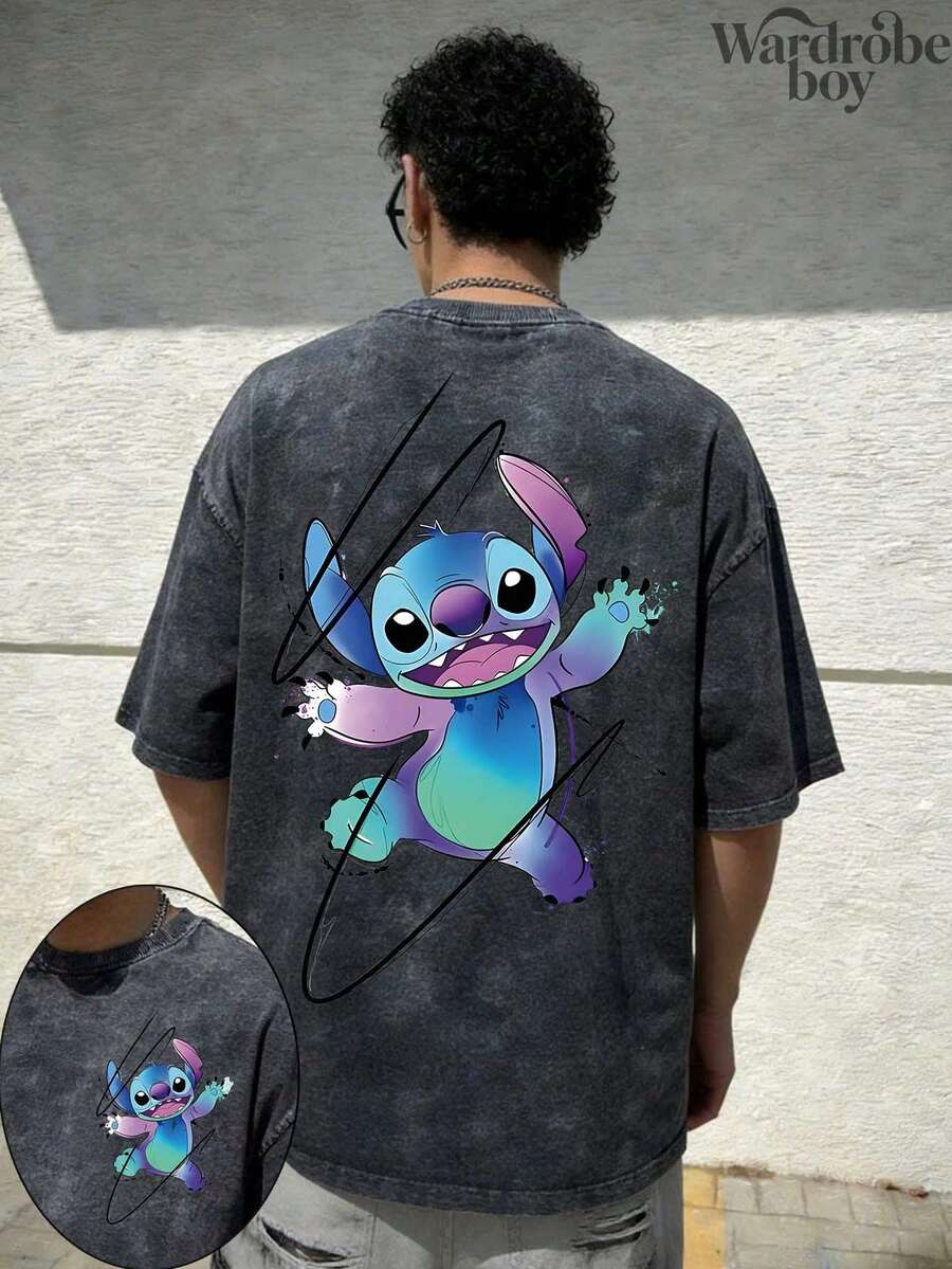 Disney Printed Wash Water T-Shirt,Men's Disney Stitch Short-Sleeve Graphic T-Shirt,Unisex,High-Quality Pure Cotton T-Shirt,Suitable For All Seasons, Comfortable And Breathable| Exquisite Design | The Best Choice For Giving Gifts - 黑色 - 查看 1