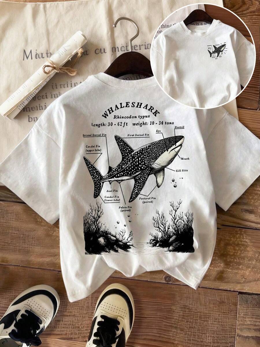 女士舒适加大码鲸鲨图案印花常规袖圆领短袖T恤 休闲白色 - 白色 - 查看 1