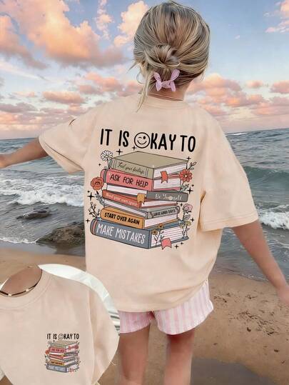 This Girls' Short Sleeve T-Shirt Features A Unique Creative Book Print Design, Paired With A Soft And Comfortable Round Neck Design, Making It A Casual And Comfortable Apricot T-Shirt.