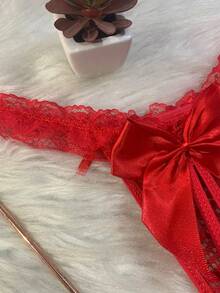 Calcinha Lingerie Feminina Fio Dental Rendada com Detalhe em Laço Sensual - Vermelho - Visão 2