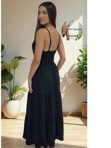 Women's Duna Ruffled Maxi Dress With Built-In Bra - Elegance, Lightness And Perfect Drape. - Negro - Ver 6