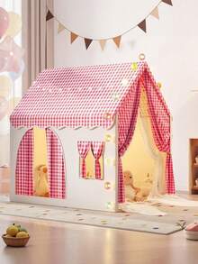 Children's Game House Tent, Large Indoor Parent Child Interactive Game Room, Crawling Game House Tent Suitable For Both Boys And Girls, Outdo Or Fun Game Tent, Durable Checkered Tent, Perfect Gift For Children, Tent For Kids, Tent, Equipped With Star Lights (Without Battery) - 黃色帳篷+燈套裝A(布質窗簾) - 查看 3