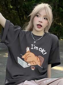 Women's Loose Fit Round Neck Short Sleeve T-Shirt With Cartoon Cat & Letter Print, Spring/Summer - Dark Grey - View 3