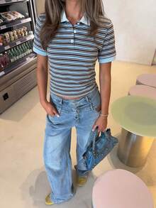 Nuevo suéter de punto de manga corta con cuello alto, a rayas en azul claro y marrón cacao, para mujer, primavera/verano 2026. Combinación de rayas clásica, estilo universitario retro - Multicolor - Ver 2