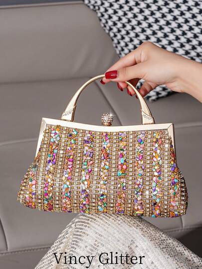 时尚奢华闪亮水钻装饰晚宴包，适合出席舞会、派对，搭配正式礼服，多功能手提包/单肩包