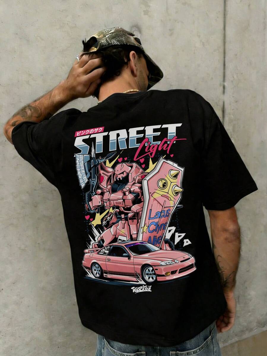Fractyr Men's Fashionable Casual Street Style Rock & Hip Hop Loose Fit Short Sleeve T-Shirt | Racing Car & Mechanical Robot Element Printed | Exquisite Design | Essential Spring/Summer Item | Versatile All-Match Style | Best Gift For Friends | Showcase Unique Personality - Hitam - View 1