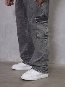 Men's Marbled Cargo Jeans, Wide Leg, Side Pocket, Streetwear - 煙灰色 - View 5