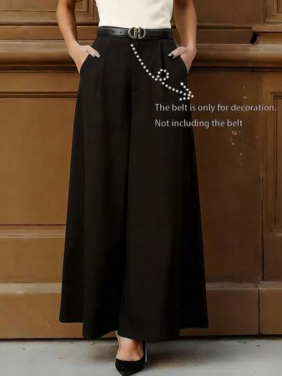 1pc Women's Fashionable Solid Color Pocket Design Elegant Casual Wide Leg Pants, Suitable For Office And Daily Wear, Spring/Summer