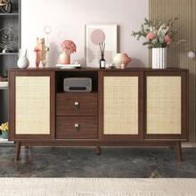 Buffet With 3 Sliding Doors In Genuine Rattan And 2 Drawers, 155 X 38 X 80 Cm, Breathable, Stable And Versatile - Camel - View 3