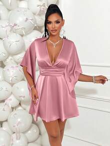 Amarilo Sexy & Elegant V-Neck Ruched Bust Mini Dress With Ruffled Sleeves - Waist-Cinched, Open-Back Bow Tie Detail For Parties & Weddings - Pink - View 1