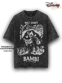Disney Bambi En Technicolor Vintage Poster Stone Wash Cotton 180g Streetwear Tee - 黑色 - 查看 1