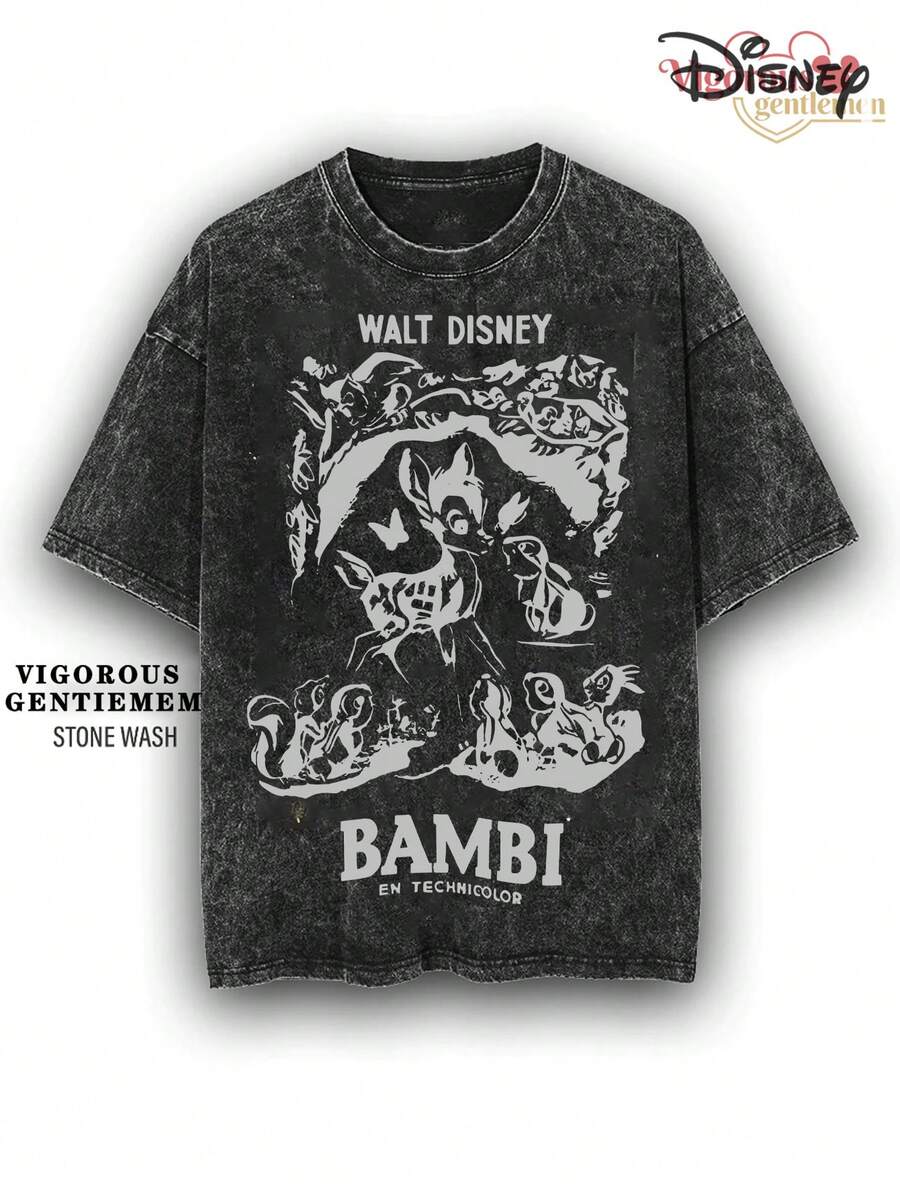 Disney Bambi En Technicolor Vintage Poster Stone Wash Cotton 180g Streetwear Tee - 黑色 - 查看 1
