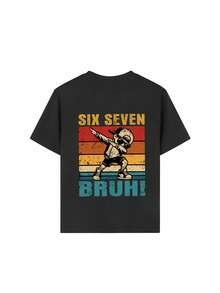 青少年男孩“Six Seven Bruh”字母图案T恤，印有Dab舞姿势，适合男孩派对、街头、活动穿着，夏季上衣 - 黑色 - 查看 7