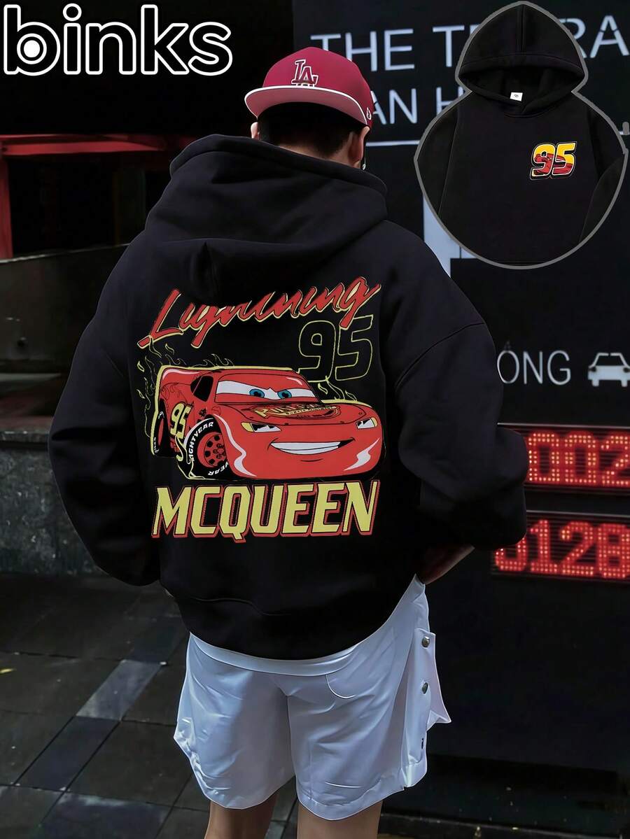Disney Binks (Double-Sided Printing): Cars: Lightning McQueen Retro Cartoon Printed Warm Hooded Sweatshirt, A High Street  Loose Fitting Pullover Hooded Sweatshirt. Autumn And Winter Fashionable Versatile Tops, Holiday Gifts, Vintage Prints. - 黑色 - 查看 1