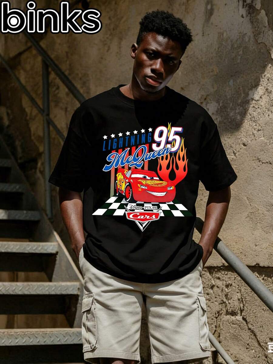 Disney Binks Cars, Lightning McQueen Cartoon Printed Short Sleeved T-Shirt, A Fashionable And Loose Short Sleeved Street T-Shirt. Spring And Summer Fashionable Versatile Tops, Holiday Gifts, Vintage Prints. - Black - View 1