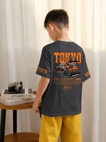 男童休闲印花圆领短袖T恤，夏季上衣 - 深灰色 - 查看 2