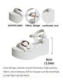 女士白色金属扣装饰厚底坡跟凉鞋，轻便舒适，适合户外、通勤、休闲场合，百搭服饰。 - 白色 - 查看 8