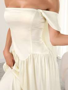 女士新款优雅时尚A字吊带连衣裙 - 不对称弧形廓形，垂褶腰带，是度假、浪漫约会、毕业派对和婚礼的理想之选 - 杏色 - 查看 7